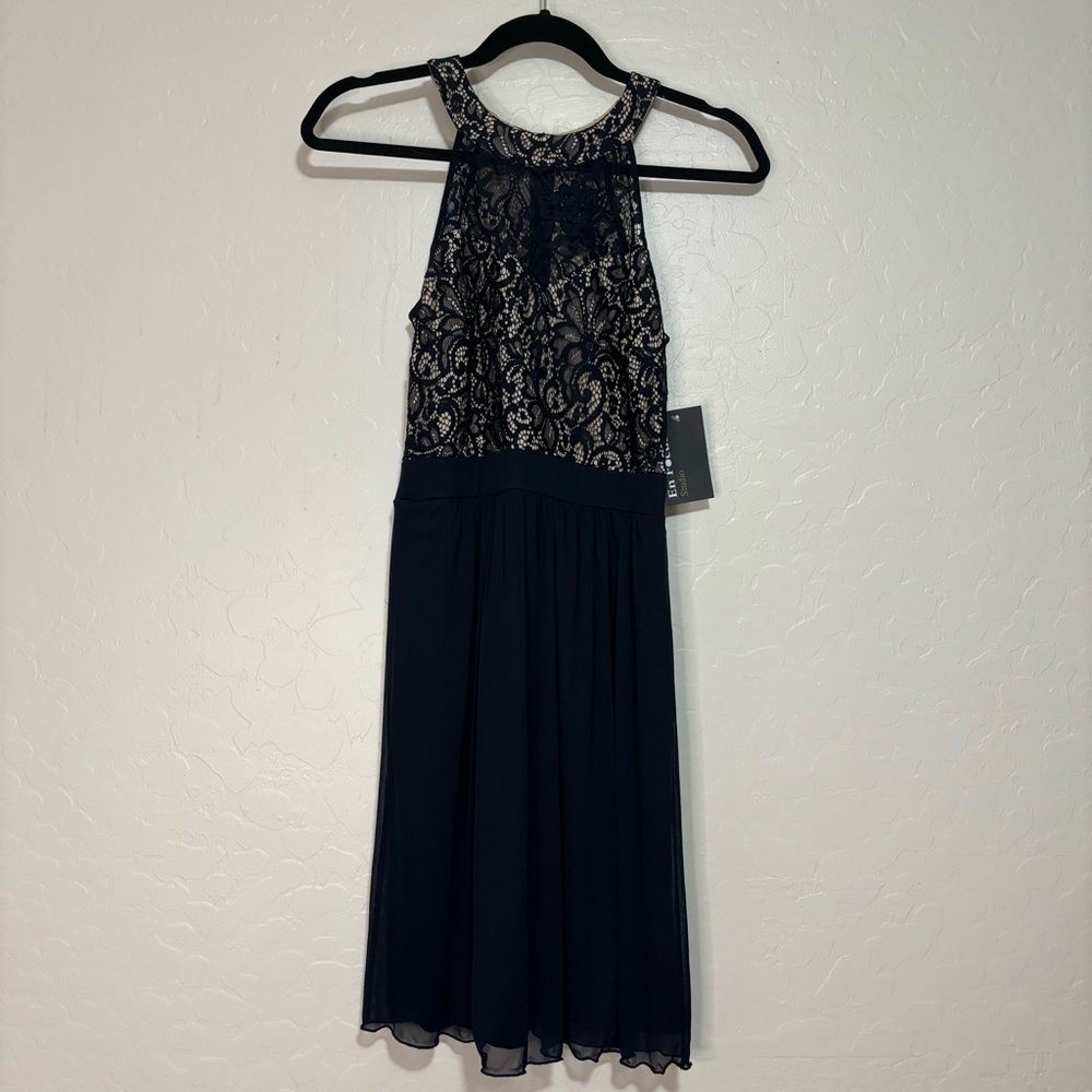 Enfocus Studio Blue Halter Top Sheer Lace Fit and Flare Cocktail Dress Size 4 - Picture 7 of 11